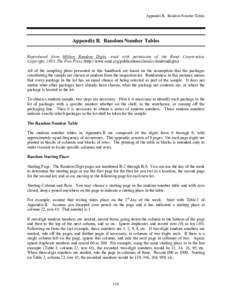 Appendix B. Random Number Tables  Appendix B. Random Number Tables Reproduced from Million Random Digits, used with permission of the Rand Corporation, Copyright, 1955, The Free Press (http://www.rand.org/publications/cl