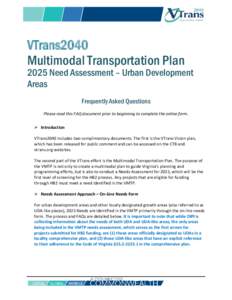 VTrans2040 Multimodal Transportation Plan 2025 Need Assessment – Urban Development Areas Frequently Asked Questions