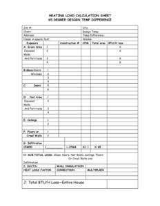 HEATING LOAD CALCULATION SHEET 65 DEGREE DESIGN TEMP DIFFERENCE Job #: Client: Address: House in square feet: