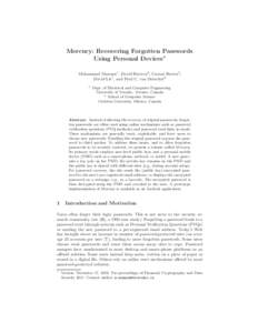 Mercury: Recovering Forgotten Passwords Using Personal Devices⋆ Mohammad Mannan1 , David Barrera2, Carson Brown2, David Lie1 , and Paul C. van Oorschot2 1