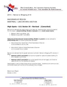 2014 – Notice to Shipping #19 MAISONNEUVE REGION MONTREAL / LAKE ONTARIO SECTION High Spots - U.S. Sector IV - Revised  (Cancelled)