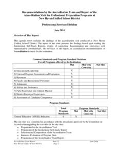 Recommendations by the Accreditation Team and Report of the Accreditation Visit for Professional Preparation Programs at New Haven Unified School District Professional Services Division June 2014 Overview of This Report