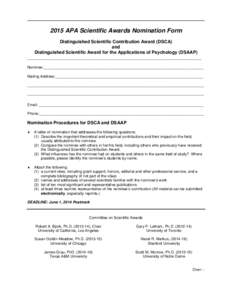 2015 APA Scientific Awards Nomination Form Distinguished Scientific Contribution Award (DSCA) and Distinguished Scientific Award for the Applications of Psychology (DSAAP) ________________________________________________