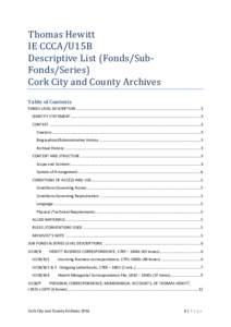 Thomas Hewitt IE CCCA/U15B Descriptive List (Fonds/SubFonds/Series) Cork City and County Archives Table of Contents FONDS LEVEL DESCRIPTION ................................................................................