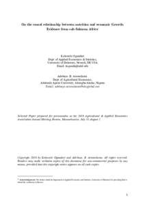 On the causal relationship between nutrition and economic Growth: Evidence from sub-Saharan Africa1 Kolawole Ogundari Dept. of Applied Economics & Statistics, University of Delaware, Newark, DE USA