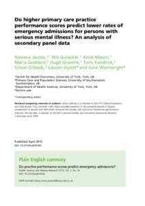 Do higher primary care practice performance scores predict lower rates of emergency admissions for persons with serious mental illness? An analysis of secondary panel data