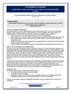 THE BRANDEIS ACADEMY Leadership for Action, Innovation and Excellence in Youth Employability OVERVIEW Youth development without real work experience is a recipe for failure. Susan P. Curnan