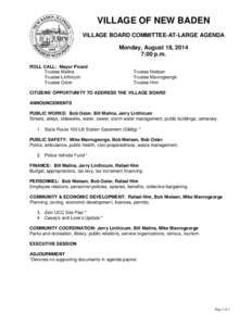 VILLAGE OF NEW BADEN VILLAGE BOARD COMMITTEE-AT-LARGE AGENDA Monday, August 18, 2014 7:00 p.m. ROLL CALL: Mayor Picard Trustee Malina