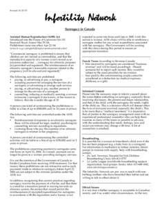 Revised: [removed]Infertility Network Surrogacy in Canada Assisted Human Reproduction (AHR) Act Introduced into the House of Commons Oct/02