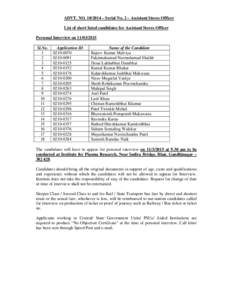 ADVT. NO – Serial No. 2 – Assistant Stores Officer List of short listed candidates for Assistant Stores Officer Personal Interview onSl.No. 1 2