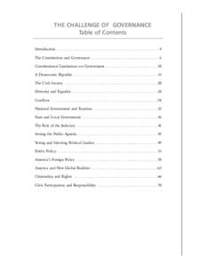THE CHALLENGE OF GOVERNANCE Table of Contents Introduction . . . . . . . . . . . . . . . . . . . . . . . . . . . . . . . . . . . . . . . . . . . . . . . . . . . 4 The Constitution and Governance . . . . . . . . . . . . .