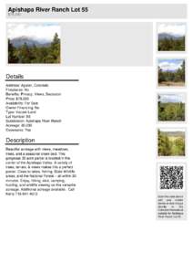 Apishapa River Ranch Lot 55 $78,000 Details Address: Aguilar, Colorado Fireplaces: No