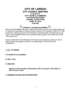         CITY OF LAREDO CITY COUNCIL MEETING A-2014-R-10 CITY COUNCIL CHAMBERS