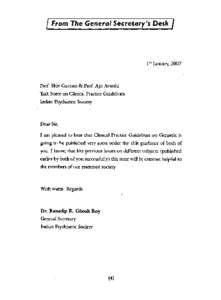 1 st January, 2007  Prof. Shiv Gautam & Prof. Ajit Avasthi Task Force on Clinical Practice Guidelines Indian Psychiatric Society