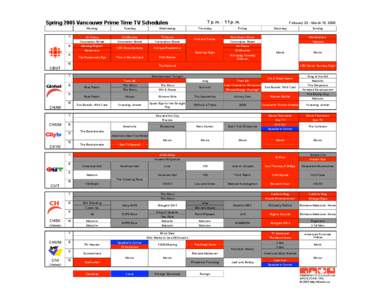 Spring 2005 Vancouver Prime Time TV Schedules Monday 7 8