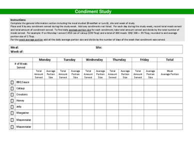 Condiment Study Instructions: Complete the general information section including the meal studied (Breakfast or Lunch), site and week of study. Place and X by any condiment served during the study week. Add any condiment