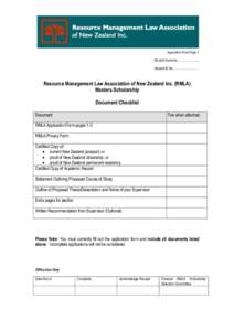 Application Form Page 1 Student Surname………………….. Student ID No……………………… Resource Management Law Association of New Zealand Inc. (RMLA) Masters Scholarship