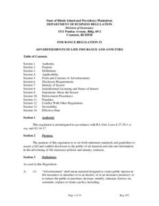 State of Rhode Island and Providence Plantations DEPARTMENT OF BUSINESS REGULATION Division of Insurance 1511 Pontiac Avenue, Bldg[removed]Cranston, RI[removed]INSURANCE REGULATION 52