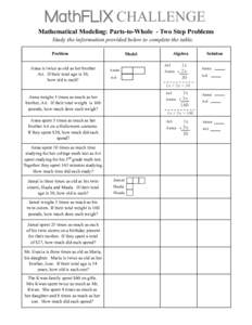 MathFLIX CHALLENGE Mathematical Modeling: Parts-to-Whole - Two Step Problems Study the information provided below to complete the table. Problem  Anna is twice as old as her brother