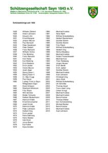 Schützengesellschaft Sayn 1843 e.V. M itglied im R heinischen Schütz enbund Nr, Sport bund Rheinland Nr. 2062, Deut sche Schießsport Union Nr. V/429 Ver einsregister Amt sgericht Koblenz VR 913 Schützenkönige