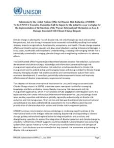 Submission by the United Nations Office for Disaster Risk Reduction (UNISDR) To the UNFCCC Executive Committee Call for Inputs for the initial two-year workplan for the implementation of the functions of the Warsaw Inter