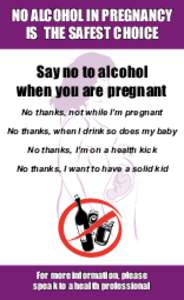 NO ALCOHOL IN PREGNANCY IS  THE SAFEST CHOICE Say no to alcohol when you are pregnant No thanks, not while I’m pregnant No thanks, when I drink so does my baby