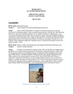 HIGHLIGHTS EL CENTRO FIELD OFFICE California Desert District Advisory Council Meeting May 10, 2014
