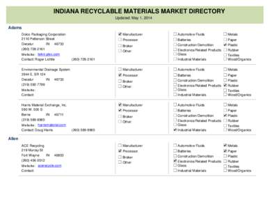 INDIANA RECYCLABLE MATERIALS MARKET DIRECTORY Updated: May 1, 2014 Adams Dolco Packaging Corporation 2110 Petterson Street