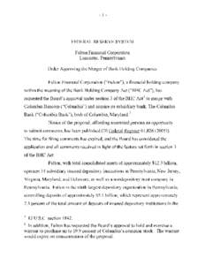 Fulton Financial Corporation Order Approving the Merger of Bank Holding Companies