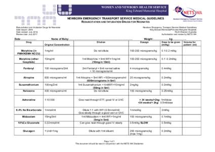 WOMEN AND NEWBORN HEALTH SERVICE King Edward Memorial Hospital NEWBORN EMERGENCY TRANSPORT SERVICE MEDICAL GUIDELINES RESUSCITATION AND INTUBATION DRUGS FOR NEONATES Resuscitation and Intubation Drugs for Neonates Date i