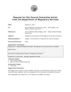 Request for City Council Committee Action from the Department of Regulatory Services Date: August 21, 2013