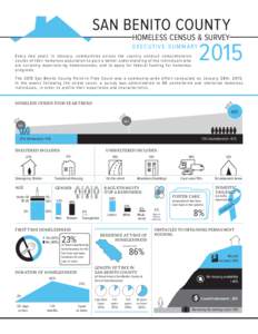 SAN BENITO COUNTY HOMELESS CENSUS & SURVEY executive summary E ve r y t w o ye a r s i n J a n u a r y, co m m u n i t i e s a c ro s s t h e co u n t r y co n d u c t co m p re h e n s i ve co u n t s of t h e i r h o m