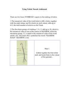 Tying Tzitzis Nusach Ashkenazi  There are two basic SYMBOLIC aspects in the making of tzitzis. 1.The numerical value of the word tzitzit is 600, which, together with the eight strings and five knots on each corner, adds 