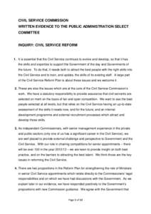 CIVIL SERVICE COMMISSION WRITTEN EVIDENCE TO THE PUBLIC ADMINISTRATION SELECT COMMITTEE INQUIRY: CIVIL SERVICE REFORM