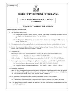 42/FO/IN/02  BOADR OF INVESTMENT OF SRI LANKA APPLICATION FOR APPROVAL OF AN INVESTMENT UNDER SECTION 16 OF THE BOI LAW