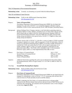 July 2014 Summary of IDEM Rulemakings Title 318 Department of Environmental Management Rulemaking Action:  Currently, no rulemakings are posted within the Indiana Register.