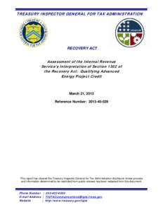 Assessment of the Internal Revenue Service’s Interpretation of Section 1302 of the Recovery Act:  Qualifying Advanced Energy Project Credit