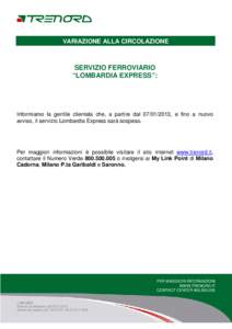 VARIAZIONE ALLA CIRCOLAZIONE  SERVIZIO FERROVIARIO