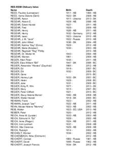 REE-REIM Obituary Index Name REED, Pauline (Leinweber) REED, Verna Deloris (Dahl) REGEHR, Aaron REGEHR, Abram E.