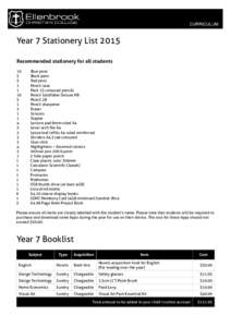Year 7 Stationery List 2015 Recommended stationery for all students