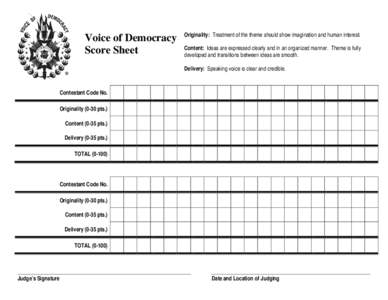 Voice of Democracy Score Sheet Originality: Treatment of the theme should show imagination and human interest. Content: Ideas are expressed clearly and in an organized manner. Theme is fully developed and transitions bet
