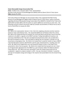 Desert Renewable Energy Conservation Plan  From: Jill McCormick, Cocopah Indian Tribe, representative  To: Mark Purdy, Bureau of Land Management (BLM) California Desert District Tribal Liaison  D