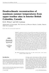 The Holocene 13,[removed]pp. 851–861  Dendroclimatic reconstruction of maximum summer temperatures from upper treeline sites in Interior British Columbia, Canada
