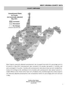 WEST VIRGINIA COUNTY DATA COUNTY EMPHASIS West Virginia’s seasonally adjusted unemployment rate increased three-tenth of a percentage point to 6.3 percent in May[removed]Unemployment rates increased in 45 counties, decre