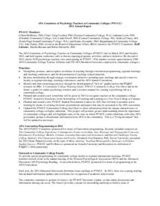 APA Committee of Psychology Teachers at Community Colleges (PT@CC[removed]Annual Report PT@CC Members: Lillian McMaster, PhD, Chair; Craig Cowden, PhD (Tacoma Community College, WA); Ladonna Lewis, PhD (Glendale Community 