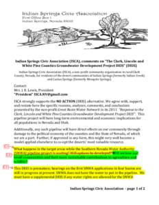   Indian	
  Springs	
  Civic	
  Association	
  (ISCA),	
  comments	
  on	
  “The	
  Clark,	
  Lincoln	
  and	
   White	
  Pine	
  Counties	
  Groundwater	
  Development	
  Project	
  DEIS”	
  (DEIS