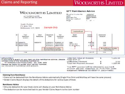 Claims and Reporting  Example Only Claiming from Remittance • Claims will be deducted from the Remittance Advice automatically (Single Price Point and Multibuy will have the same process)