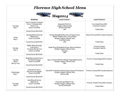 Florence High School Menu May2014 Breakfast Thursday May 1