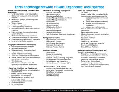 Earth Knowledge Network • Skills, Experience, and Expertise  Natural Systems Inventory, Evaluation, and Assessment  •