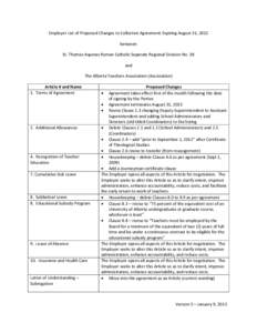 Employer List of Proposed Changes to Collective Agreement Expiring August 31, 2012 between St. Thomas Aquinas Roman Catholic Separate Regional Division No. 38 and The Alberta Teachers Association (Association) Article # 